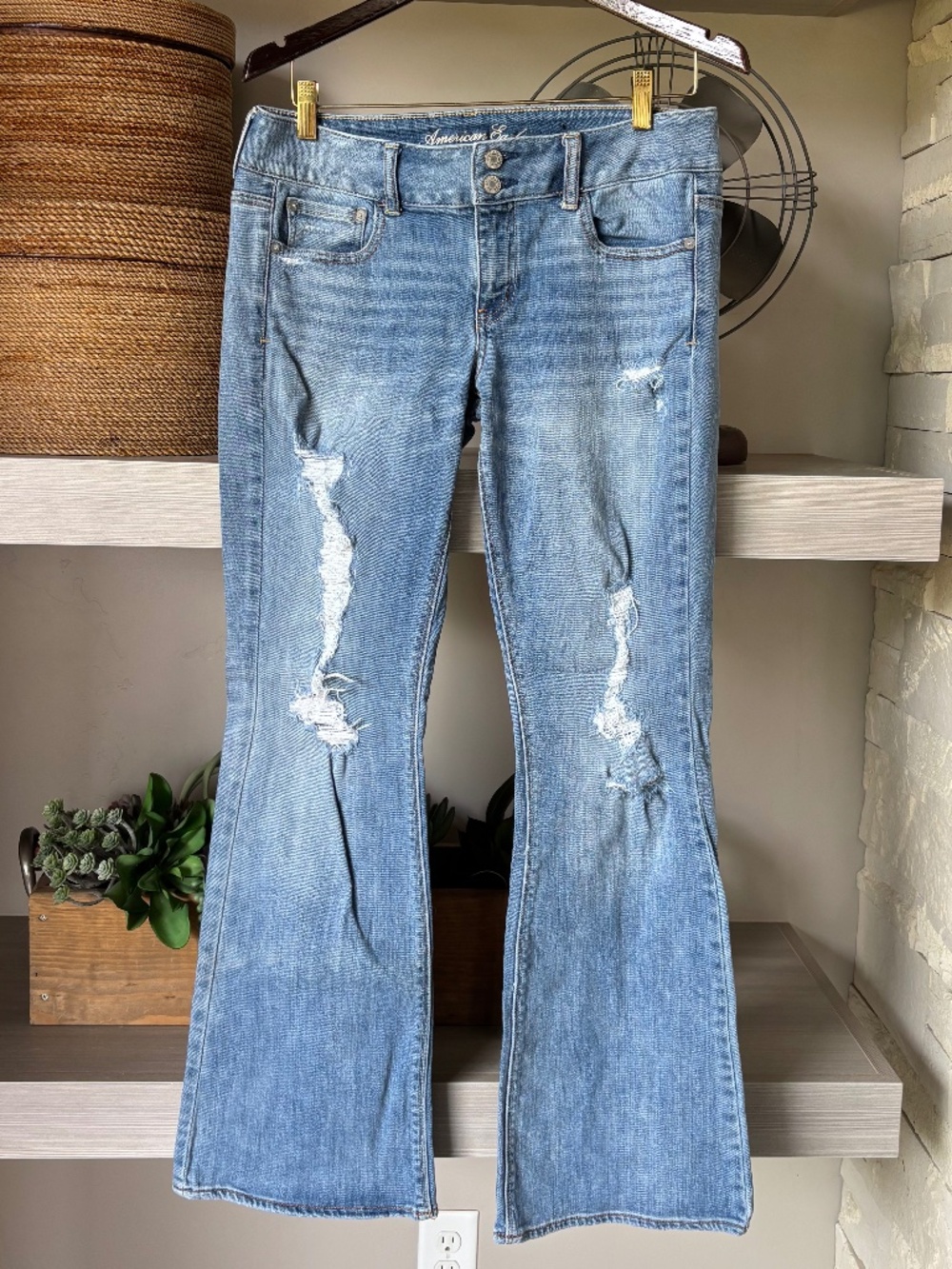 American Eagle Jeans "Artist" Heavily Distressed Flare Stretch 10